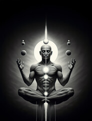 Zen man with a chacra practicing yoga, central figure serene posture and divided form balance, and enlightenment
