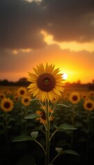 Obraz premium A single sunflower stands tall against a sunset, surrounded by a field of sunflowers, evoking warmth and growth. Generative, AI,