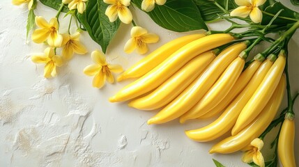 Bright yellow wax beans arranged on a textured white surface with vibrant green leaves and yellow flowers in an overhead view.