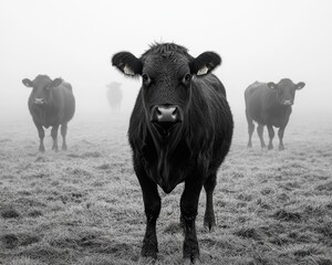 Cattle grazing in foggy landscape rural farm nature serene environment close-up view