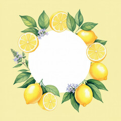 several lemon verbenas and lemons watercolor illustration on a light yellow background. A pastel color palette is used with white space in the middle of the design for writing a title,