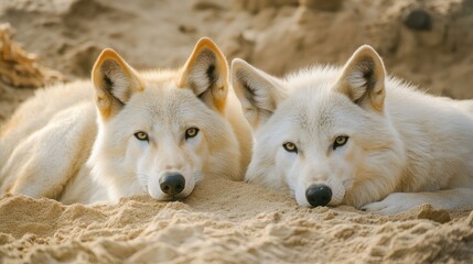 Obraz premium Two Arabian Wolves Relaxing on Sandy Ground with Intense Gaze and Distinctive White Fur
