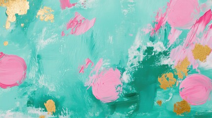 Abstract acrylic painting with pink spots on a mint green background, accentuated by golden elements depicting fluid dynamics and vibrant colors.