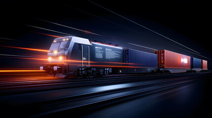 Fototapeta premium A train carrying cargo containers with glowing holograms of destinations and weights