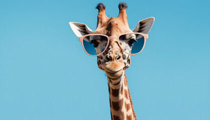 A quirky giraffe with its long neck and charming smile, wearing sleek square sunglasses with dark lenses © Muhammad