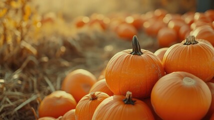 Autumn-themed display with bright orange pumpkins arranged on straw, creating a cozy seasonal atmosphere ideal for note-taking and inspiration.