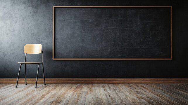 Empty classroom setting featuring a wide blackboard with a chalkboard texture and a simple wooden chair against a wooden floor backdrop.