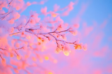 A delicate branch covered in snow against a soft pastel sky, creating a serene winter landscape.