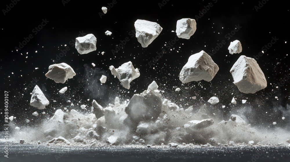 Aufkleber A dynamic scene of white rocks and stones falling against a black background, creating an isolated splash of dust and broken fragments, suitable for themes of nature and fantasy