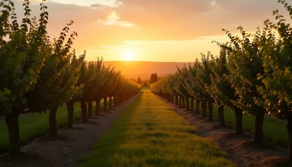 Obraz premium Campo verde amplio bajo un cielo iluminado por un atardecer cálido y sereno, destacando la belleza natural