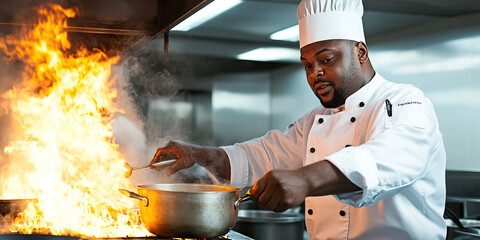African American male chef cooking in a kitchen, stirring a large pot on the stove