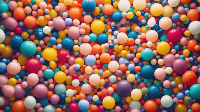 A colorful array of balloons in various sizes and shades fills the entire frame, creating a playful and festive atmosphere.