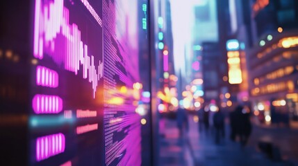 Fototapeta premium A glowing stock ticker scrolling through an energy-powered futuristic city, cinematic lighting,