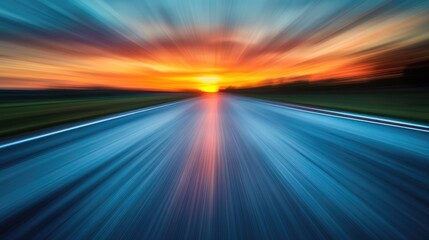 Dynamic blur of a racetrack at sunset, highlighting vibrant colors of the evening sky against a reflective asphalt surface.