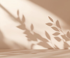 Light wall with hadows of tree branches with leaves. Textured surface of a light wall.