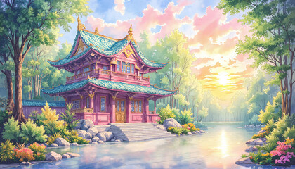 Charming pagoda at sunset with tranquil water and vibrant greenery