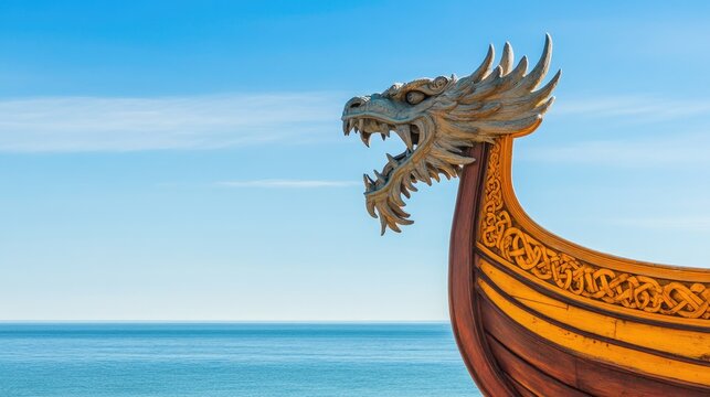 Viking longship with intricately carved dragon figurehead set against a serene ocean horizon, offering spacious copyspace for text in a wide format.