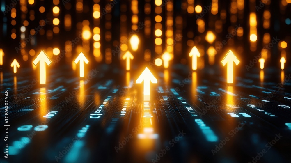 Leinwandbilder a digital landscape filled with glowing arrows pointing upward, symbolizing growth and progress agai