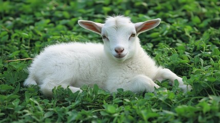 Obraz premium Cute young goat lounging peacefully in a vibrant green meadow filled with clover, showcasing its fluffy white coat and playful expression.