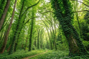 Fototapeta premium Leafy forest landscape with tall trees and vines on a bright green background, flora, ecofriendly, greenery, foliage
