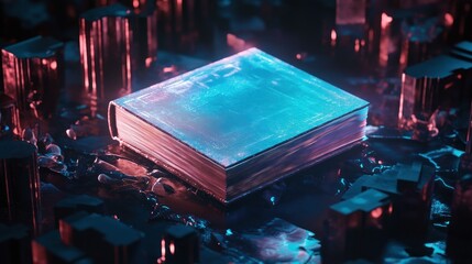 Futuristic book glowing in cybernetic digital space