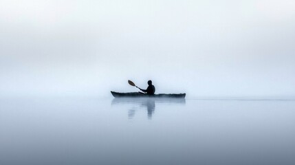 Fototapeta premium Kayaker navigating through fog serene lake nature tranquil environment close-up view