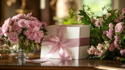 Elegant gift box with a pink ribbon adjacent to a bouquet of pink roses and greenery on a stylish table, perfect for special occasions and personalization.