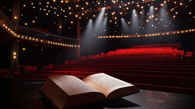 Open book on stage with dramatic spotlight effect