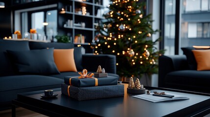 Fototapeta premium Cozy Christmas Gathering Modern Living Room Interior Decor Urban Environment Festive Viewpoint Luxury Christmas Gifts