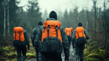 Group of hikers trekking through foggy forested terrain nature adventure outdoor exploration