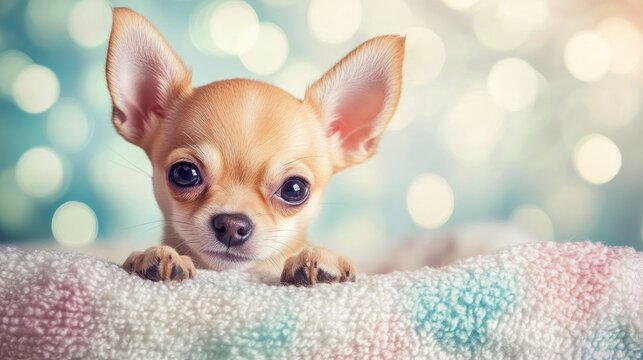 Charming Chihuahua puppy peeking over a pastel blanket with a dreamy bokeh background, ideal for creative ads or personalized birthday invitations.