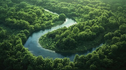 Aerial view of a serpentine river flowing through dense green forests, showcasing the stunning beauty of pristine natural landscapes.