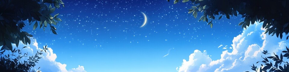 Fototapeta premium Abstract Marketing Background Featuring Dramatic Summer Osmanthus Blossoms Under a Night Sky with Moon and Stars, Framed in Baroque Style with a Heavenly Ceiling Mural, Enhanced with AI-Generated Desi