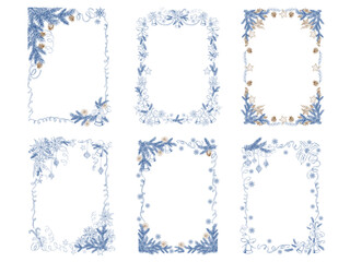 Christmas vintage line art frames clipart witn pine tree and bell. Hand-drawn winter designs