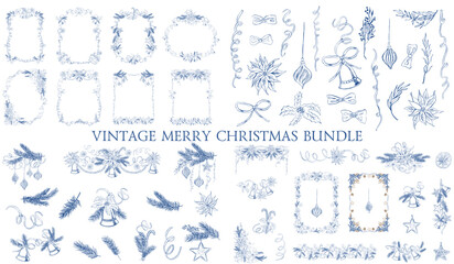 Christmas line art frames and borders, clipart witn bell and pine tree. Hand-drawn winter designs
