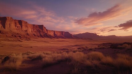 Naklejka premium Dramatic red rock formations rise against a serene desert landscape, illuminated by a stunning sunset sky filled with vibrant colors and intricate textures.