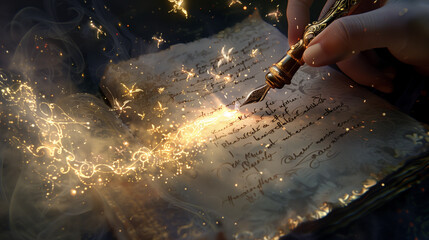 Magic writing with glowing pen and sparkling effects. AI Generated