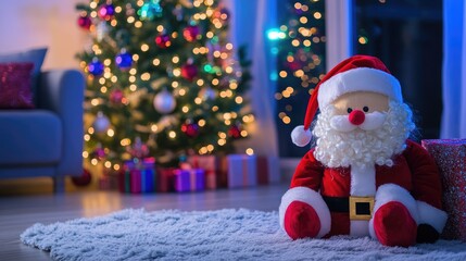Cheerful Santa Claus plush toy sitting on a soft rug near a beautifully decorated Christmas tree glowing with vibrant ornaments and warm lights.