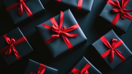 Flat lay of black gift boxes with red ribbons on a black background, ideal for Black Friday sales promotions and shopping themes with plenty of copy space.