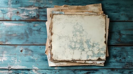 Naklejka premium Weathered Vintage Papers Stacked on a Rustic Blue Wooden Table with Distressed Texture and Faded Patterns