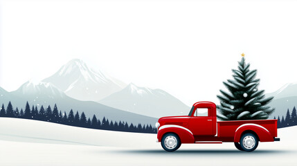 Minimalist Red Truck with Christmas Tree in Snowy Hills