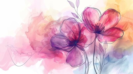 Watercolor floral illustration with pink and purple flowers on a colorful background.