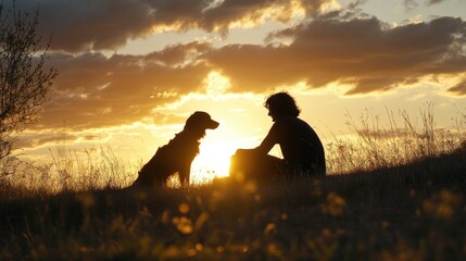Silhouette of a person and dog against a vibrant sunset, capturing the deep bond and serene connection in a tranquil natural setting.