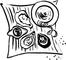 dinner, oyster. Christmas related Hand drawn vector sketch illustration