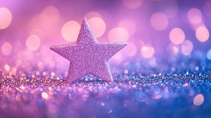 Sparkling pink star on a glittery backdrop with colorful bokeh lights, perfect for greeting cards, invitations, and festive banner designs.