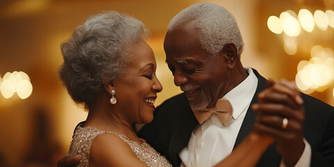 Elderly African American couple dancing together, wearing formal attire at a ballroom event
