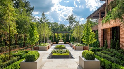 Fototapeta premium Lush garden featuring modern architecture harmonized with vibrant greenery and elegant brick pathways under a bright blue sky.