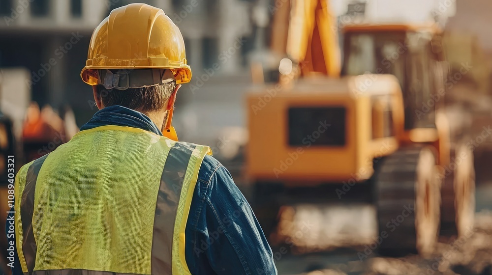 Poster workers at a construction site equipped with ppe, ensuring safety while operating heavy machinery.