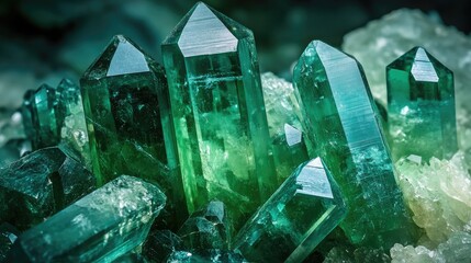 Burmese Tourmaline crystal cluster showcasing radiant green hues with sharp, angular formations set against a textured mineral backdrop.