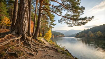 Majestic pine trees stretch towards the sky as their roots weave an intricate network along the river's edge on a crisp autumn day, fall foliage, hillside